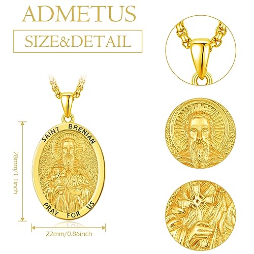 ADMETUS Gold St Brendan Medal Sterling Silver Saint Brendan the Navigator Medal Gold Saint Brendan Necklace Gold St. Brendan Pendant Necklace Religious Gifts for Men