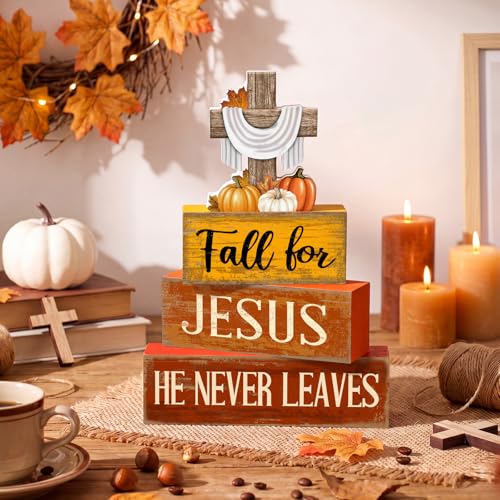 Lineshading 4 Pcs Fall Decoration For Home Fall Religious Wooden Signs Fall for Jesus, He Never Leaves
