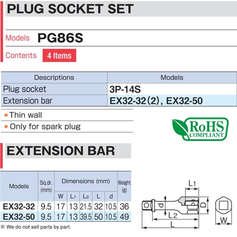 TONE PG86S 3/8-inch drive 14mm 4-piece plug socket set for Toyota 86 and Subaru BRZ