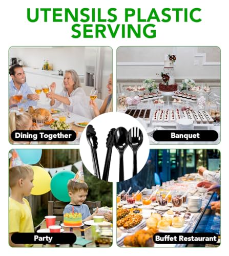 36 PCS Plastic Serving Utensils, Disposable Serving Spoons Forks Tongs for Buffet Serving Utensils Set for Parties Black Serving Utensils for Restaurant Dinner Salad Noodles Soup