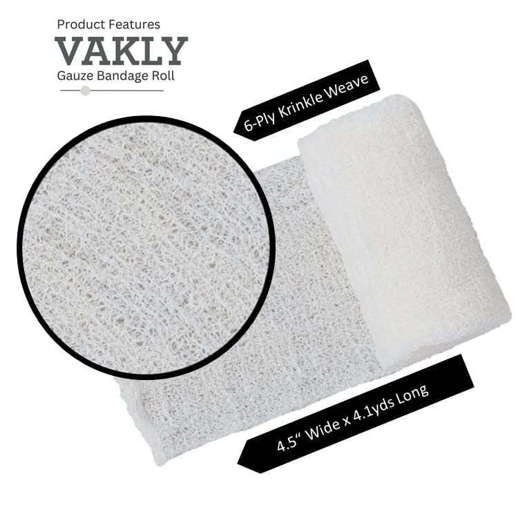 [Australia - AusPower] - Sterile Krinkle Kerlix Type Gauze Bandage Rolls [Pack of 5] Highly Absorbent Fluff 100% Cotton Bandages Roll 4.5"x4.1yds 6-Ply - Individually Wrapped Mesh Gauzes + 1 Roll of Vakly Medical Tape 
