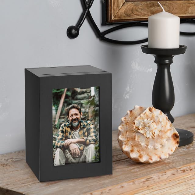 SOITIS Small Wood Urn for Human Ashes, Cremation Ashes Urns Black with Photo Frame - Mini Memorial Wood Urns Box, Decorative Keepsake Urn for Women Men - Small Size Urn Solid