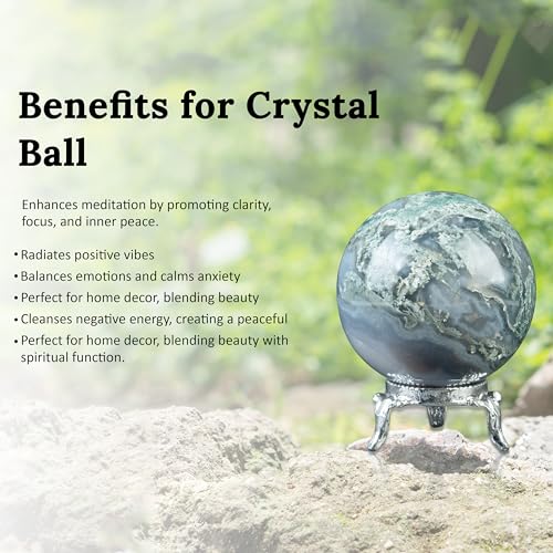 Crocon 45mm Moss Agate Stone Sphere Ball with Metal Stand Crystals Ball Moss Agate Sphere