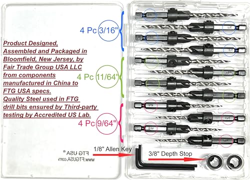FTG USA countersink drill bit set with tapered #6, #8, #10 bits and depth stops, 4 pieces each