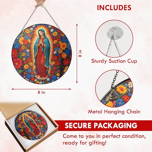 FLAGWIX Our Lady of Guadalupe Stained Glass Suncatcher, 8 in Red & Blue - Mother Mary
