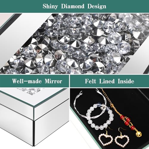 Luxury Mirrored Jewelry Box with Crushed Diamond - Glass Jewelry Box Organizer Storage for Women, Ring Holder Case for Dresser and Decorative Silver B