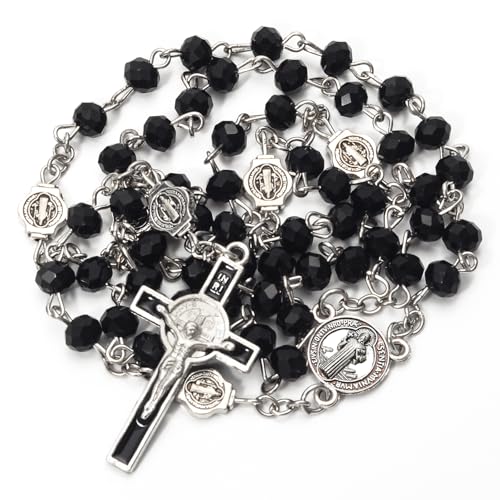 SZQCZB Rosary Beads Catholic for Men and Women, St.Benedict Center Piece and Crucifix, Black Cystal Rosary Beads with Saint Benedict Miraculous Gift Box and 18pcs Prayer Cards