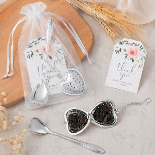 25 Set Bridal Shower Wedding Favors Gifts for Guests Tea Spoon Heart Shape Infuser Ball with Thank You Cards for Tea Party Favors Wedding Souvenirs(Silver) Silver
