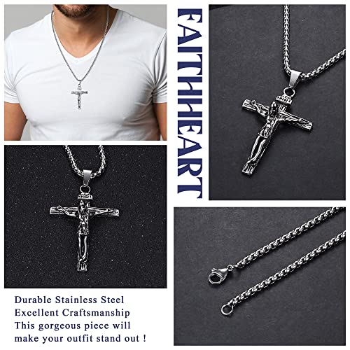 JeweBella Cross Necklace for Men Women Stainless Steel Jesus Crucifix Cross Pendant Venetian Chain 61 CM Silver/Gold/Black Religious Jewellery Gift A:Silver