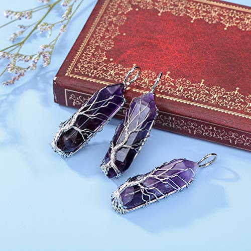 PESOENTH Tree Of Life Reiki Healing Crystal Energy Stone Clear Quartz Pendant Necklace Silver Wire Wrapped Raw Gemstone Hexagonal Prism Pointed Crystal Pendant Jewelry for Women and Men Amethyst