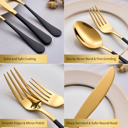 20-Piece Black & Gold Silverware Set, 18/0 Stainless Steel Colorful Handle Flatware Set, Service for 4, Modern Cutlery Set Includes Dinner Knives Forks Spoons, Mirror Polished, Dishwasher Safe gold and black-Piece