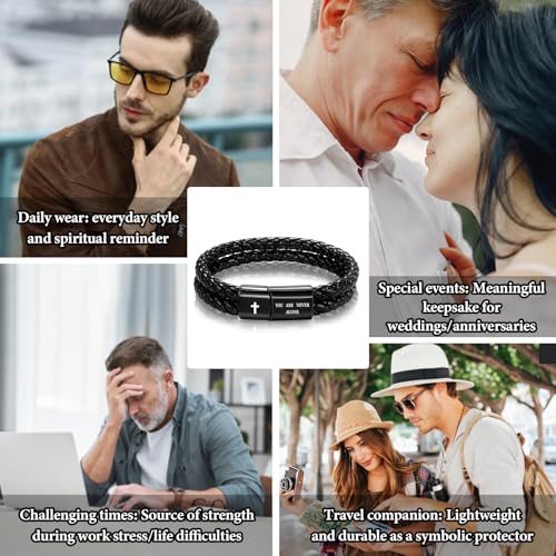 Christian Bracelet for Men, Bible Verse Leather Cross Gift for Men A-Joshua 1:9