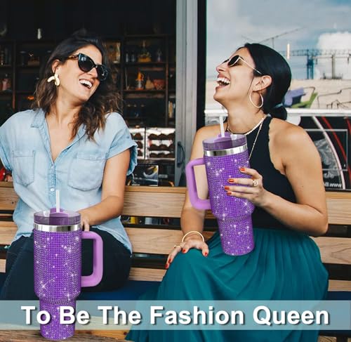 40oz Tumbler with Handle and Straw, Glitter Rhinestones Tumbler Bling Cups Amethyst