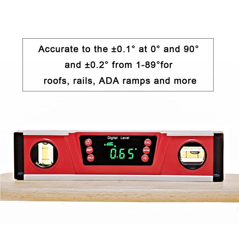 [Australia - AusPower] - 10-Inch Digital Torpedo Level and Protractor | Neodymium Magnets | Bright LED Display | V-GROOVE MAGNETIC BASE | IP54 Dust/Water Resistant smart level with Carrying Bag Red 