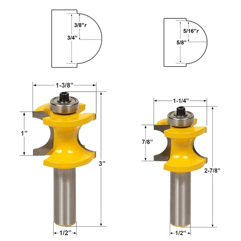 Yakamoz 5Pcs 1/2 Inch Shank Half Round Bearing Bullnose Router Bit Set Carbide Tipped Round Edge Cutting Bits | Radius 1/8" 3/16" 1/4" 5/16" 3/8"