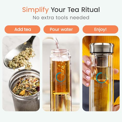 Pure Zen Tea infusion mug with 13 oz tea infuser bottle, showing the glass bottle with metal infuser and tea gift set components.