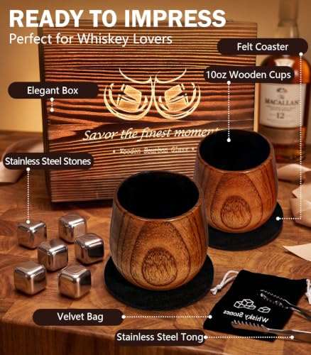 Charred Wooden Bourbon Drinking Glass Whiskey Glasses Gifts for Men 2Pcs Classic