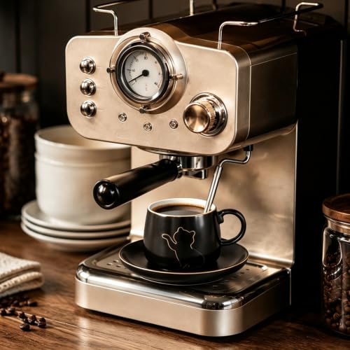 6 oz Ceramic Espresso Cups Set of 2 with Saucers Black Cat Coffee Cup Set with Gold Rim and Gift Box for Espresso Cappuccino and Coffee