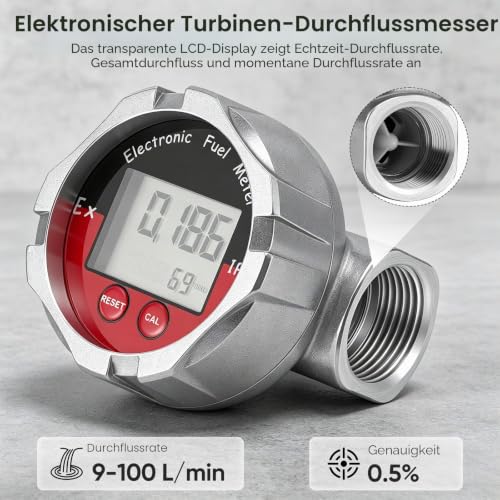 Flow Meter, 1 Inch Stainless Steel Digital Electronic LCD Flow Meter Turbine Meter for Liquid Water Petrol Kerosene Oil Liquid Measurement Waterproof Range is 10-100Ll/min