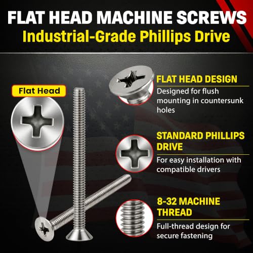Chenango Supply 8-32 x 2 stainless flat head machine screws on a plain background