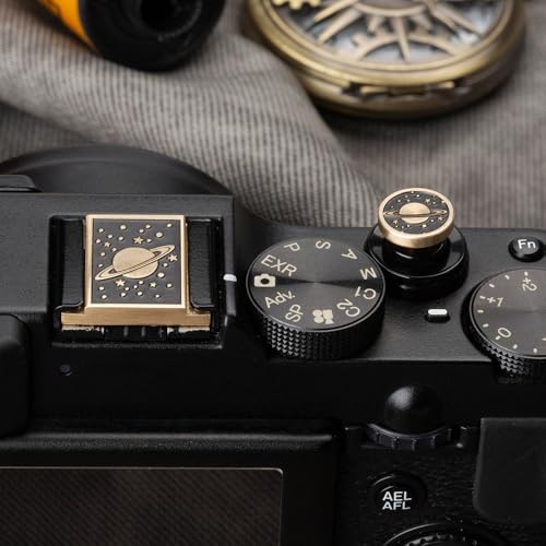 Camera Metal Hot Shoe Cover Shutter Buttons Set for Nikon z30/z50/d810/d610 for Fujifilm X100VI X-T30 X-Pro3 X-Pro2 X-E4(Brass Universe Set) Brass Universe set