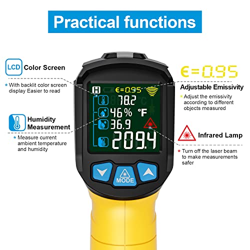 Infrared Thermometer Laser MESTEK Temperature Meter with K-Probe IR Pyrometer -50°C to 800°C Contactless Color LCD Alarm Function Adjustable Emissivity for Kitchen