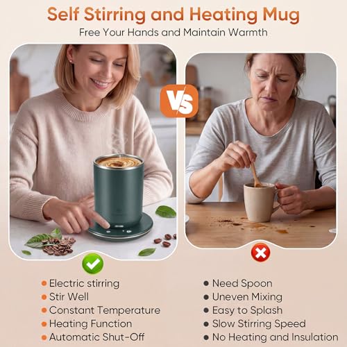 Self Stirring Coffee Mug, Self Heating Coffee Mug, Heated Cup with 3-Level Smart Temperature Control, Auto Shut-Off Electric Coffee Cup Warmer with Detachable Base, Gift for Family Friends (Green) Green