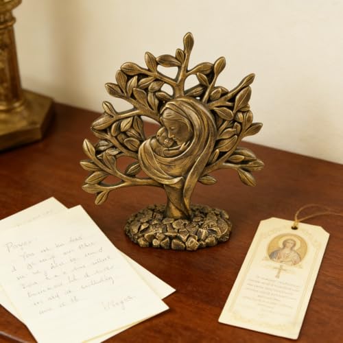 MeritMode Madonna and Child Statue, Virgin Mary with Baby Jesus Figurine Bronze Nativity Tree