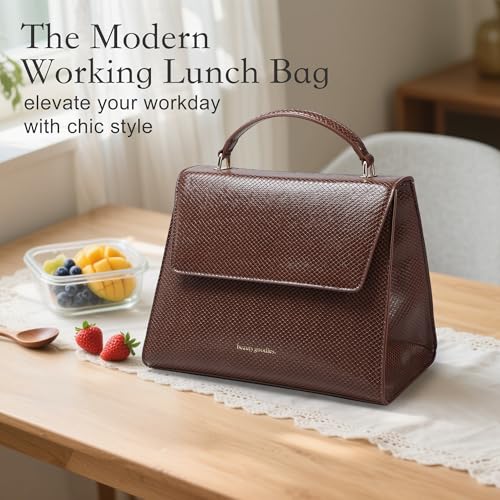 BEAUTYGOODIES Vegan Leather Insulated Lunch Bag for Women, Crocodile Pattern, with Shoulder Strap and Magnetic Closures. Brown