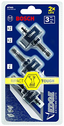 Bosch HTWS 3-piece thin-wall hole saw set with blue hole saws in assorted sizes