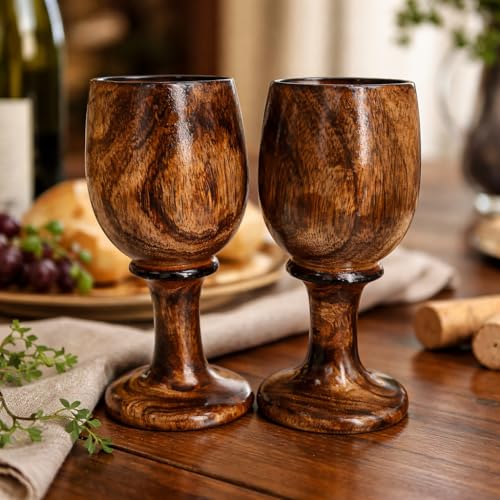 collectiblesBuy Handmade Wooden Goblet Set of 2 – 7 Inch Rustic Chalice Cups for Wine, Mead & Beverages | Eco-Friendly Vintage Wooden Drinkware for Barware & Gifts