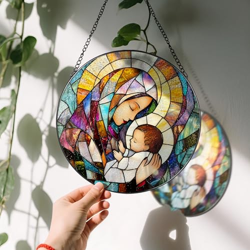 Baby Jesus and The Holy Mother Mary Sun Catcher, 8 Inch Stained Glass Window Hanging, Stained Glass Decor, Christian Home Decor, Christian Gifts for Women, Religious Gifts for Women Virgin Mary
