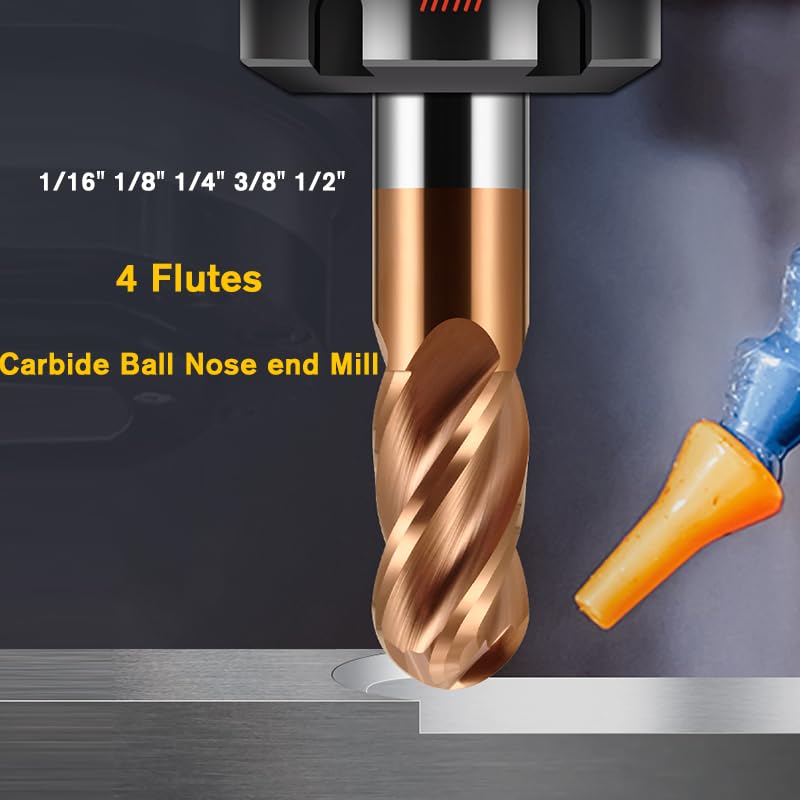 [Australia - AusPower] - 1/2" Carbide Ball Nose end Mill Bits - 1/2" Shank Dia,3'' Oal - 4 Flutes TISIN Coated - for Alloy Steels, Hardened Steels 1/2 in 