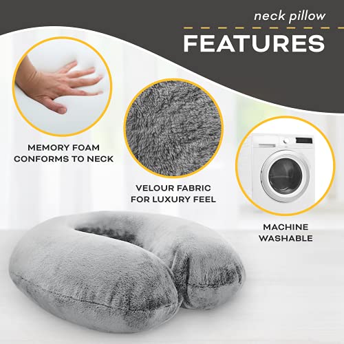 Travel Neck Pillow Washable Cover Comfortable Memory Foam Airplane Travel Accessories Essentials Plane Neck Support Pillow for Neck Pain Relief and Sleeping Grey