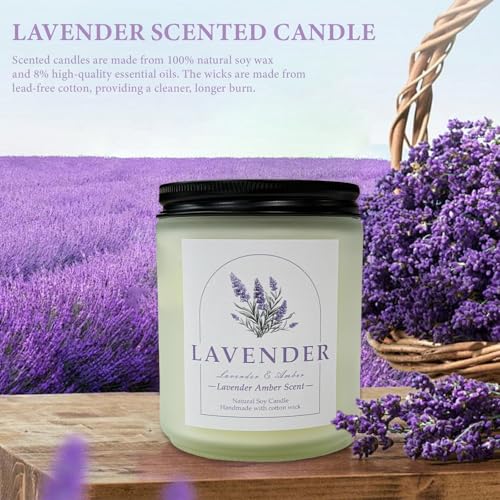 Lavender Amber Scented Candles with Crystals Inside, 9oz Soy Candles for Home Decor, Birthday Spiritual Gift Mothers Day Candle for Women Mom Lavender Amber