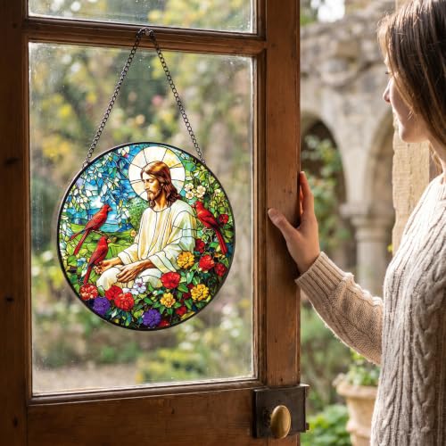 Rngmsi Cardinal Suncatcher Gifts, Christian Stained Glass Window Hanging