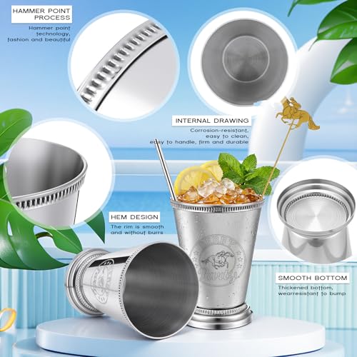 4 Pack 12 oz Derby Mint Julep Cups with Straws and Stirring Stick Stainless Steel Mint Julep Tumbler Silver Cocktail Glasses for Derby Horse Racing Party Supplies 4
