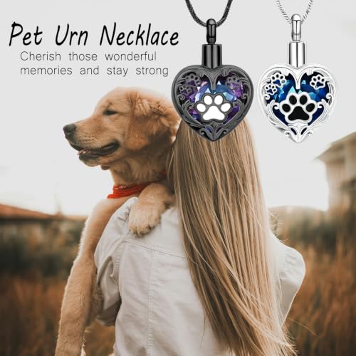 Yinplsmemory Pet Urn Necklace Pendant Jewelry for Dog Cat Memorial Crystal Heart Cremation Jewelry with Paw Print Ashes Keepsake Funeral Jewelry Silver-blue