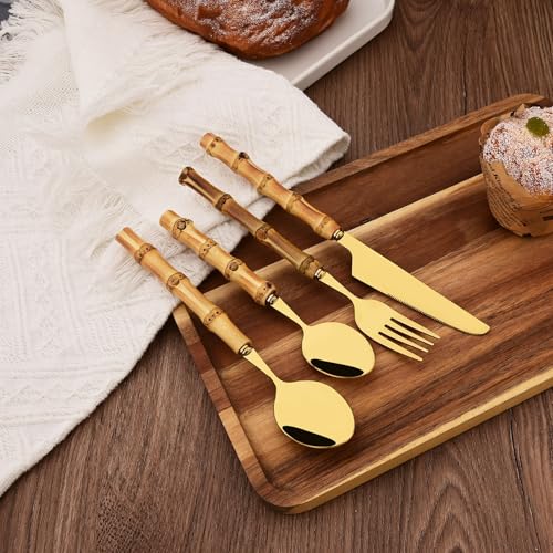 Stainless Steel Flatware Set, Bamboo Handle Silverware Set, Reusable Eating Utensils for Home Kitchen and Restaurant, Modern Gold Cutlery Set, 24 Pieces Service for 6 24-Piece Service for 6
