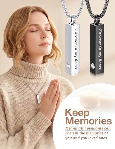 CASSIECA 2 Pcs Urn Necklace for Ashes Men Women Keepsakes for Ashes Black Silver Stainless Steel Bar Pendant Necklace Memorial Cremation Jewelry for Lost Love with Engraved Saying Forever in My Heart