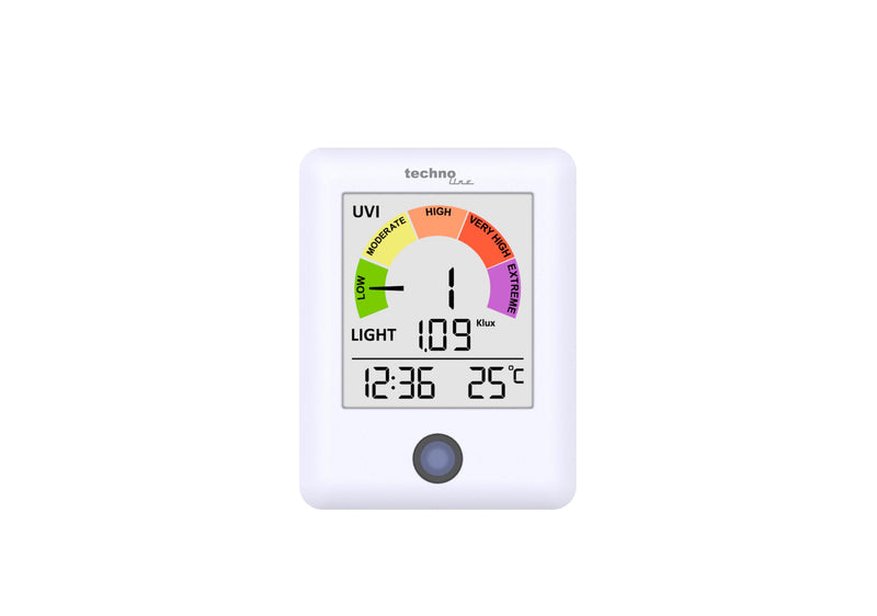 technoline WS9320 UV Radiation Monitor with UV Index and Light Meter, Real Time UV Measurement Every 60 Seconds, Indoor Temperature and Time, UV Warner with Color Scale, Light Intensity Meter up to