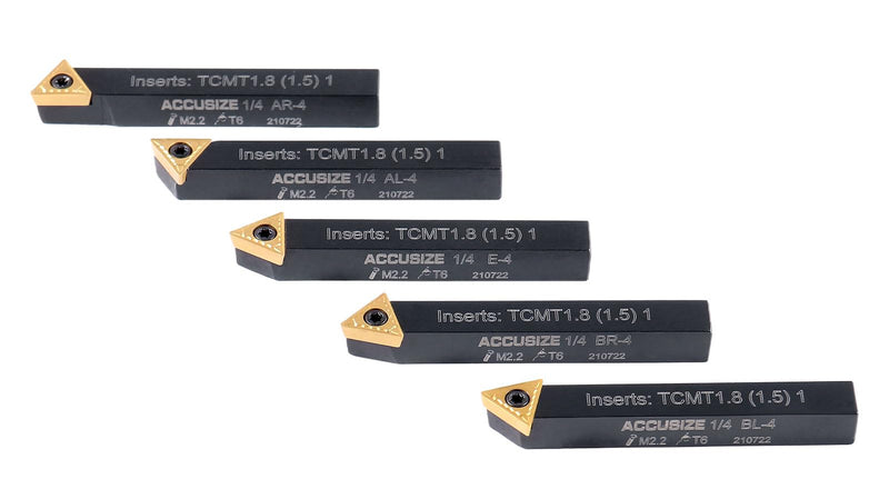 [Australia - AusPower] - Accusize Industrial Tools 1/4'' by 2'' Oal 5 Pc Indexable Turning Tool Set with Tcmt1.8(1.5) Carbide Inserts, 2380-5022 1/4 in 