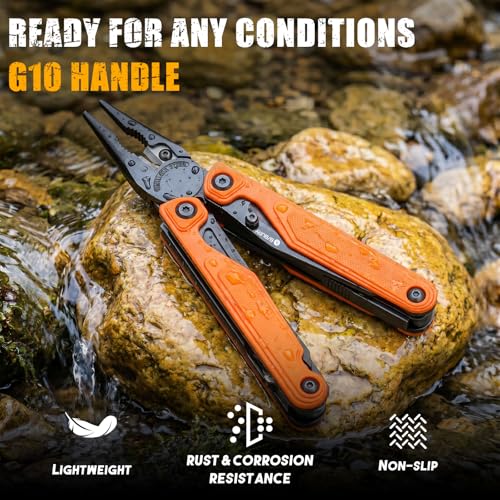 BIBURY 9oz lightweight multitool with orange G10 handle and one-hand opening pocket knife blade