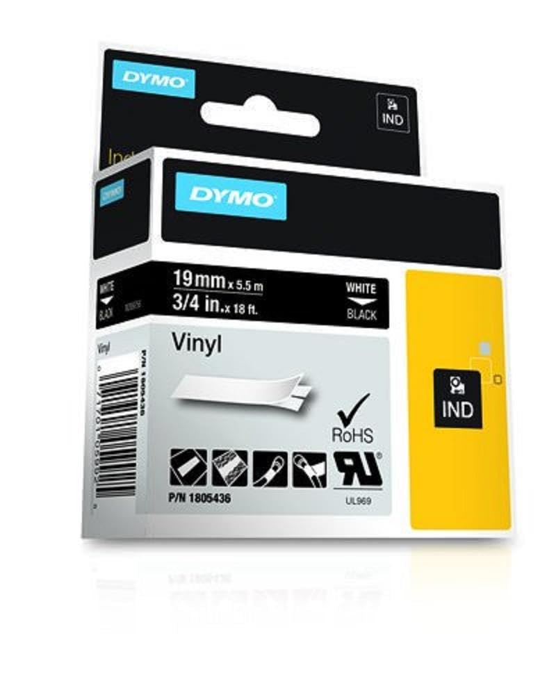 DYMO Rhino Industrial Vinyl Labels, 3/4", White Print on Black Tape White on Black 3/4" (19MM)