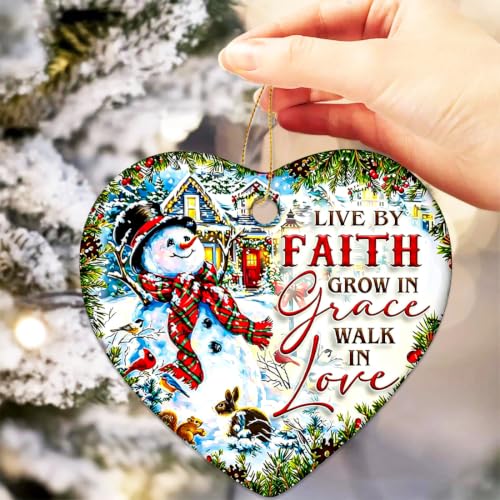 Snowman Christmas Ornaments 2026, Ceramic Snowman Ornaments for Christmas Tree - Live By Faith, Grow in Grace, Walk in Love, Religious Christian Ornament Gift for Family Friends