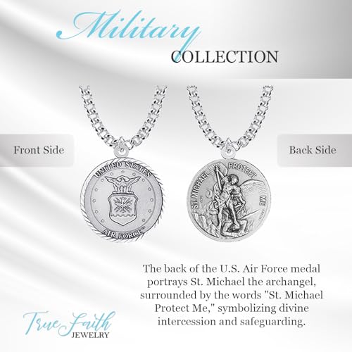 True Faith Jewelry Sterling Silver United States Air Force Service Medal with St Michael Patron Saint Archangel Pendant Necklace, 3/4 Inch