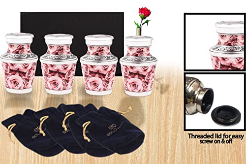 Pink Rose Keepsake Urn, Pack of 4 Urns for Human Ashes with Box & Bag - Handcrafted Mini Cremation Urn - Honor Your Loved One with Beautiful Pink Urn for Ashes - Small Urn for Women, Baby & Infants