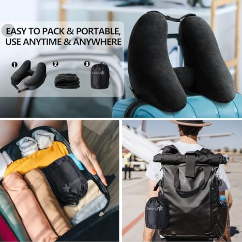 Sunany Neck Pillow for Travel Inflatable Airplane Pillow Comfortably Supports Head,Neck and Chin,Inflatable Travel Pillow with Soft Velour Cover,Portable Drawstring Bag (Black with Hat) Dark Black H-Shape
