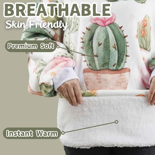Huglanket Cactus Gifts for Cactus Lovers, Wearable Flannel Cactu Blanket Hoodie with Two Large Pocket