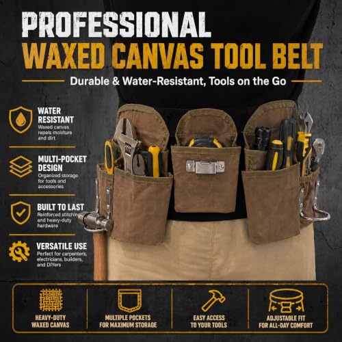 CTHMTMXS waterproof waxed canvas tool belt for men with 19 pockets, tear-resistant design